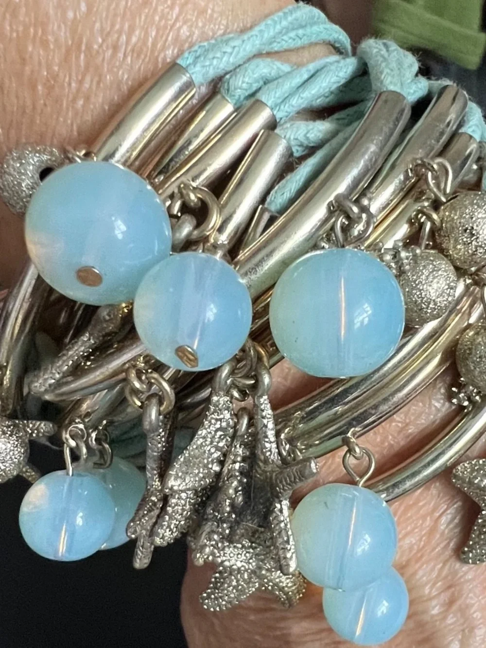 Coastal Beach Multi-Strand Tube Wrap Bracelet Starfish & Blue Beads